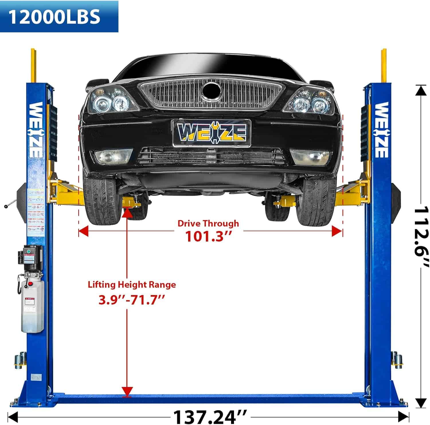Weize 2 Post Automotive Car Lift, 12,000 lbs Capacity, 220V 4HP Powerful Motor with Single Point Lock Release for Repaire Shop – image 3