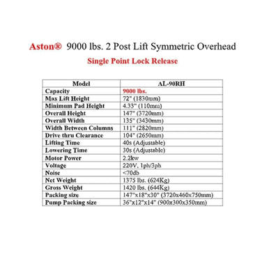 Aston® 9000 lbs. 2 Post Lift Symmetric Overhead – image 9