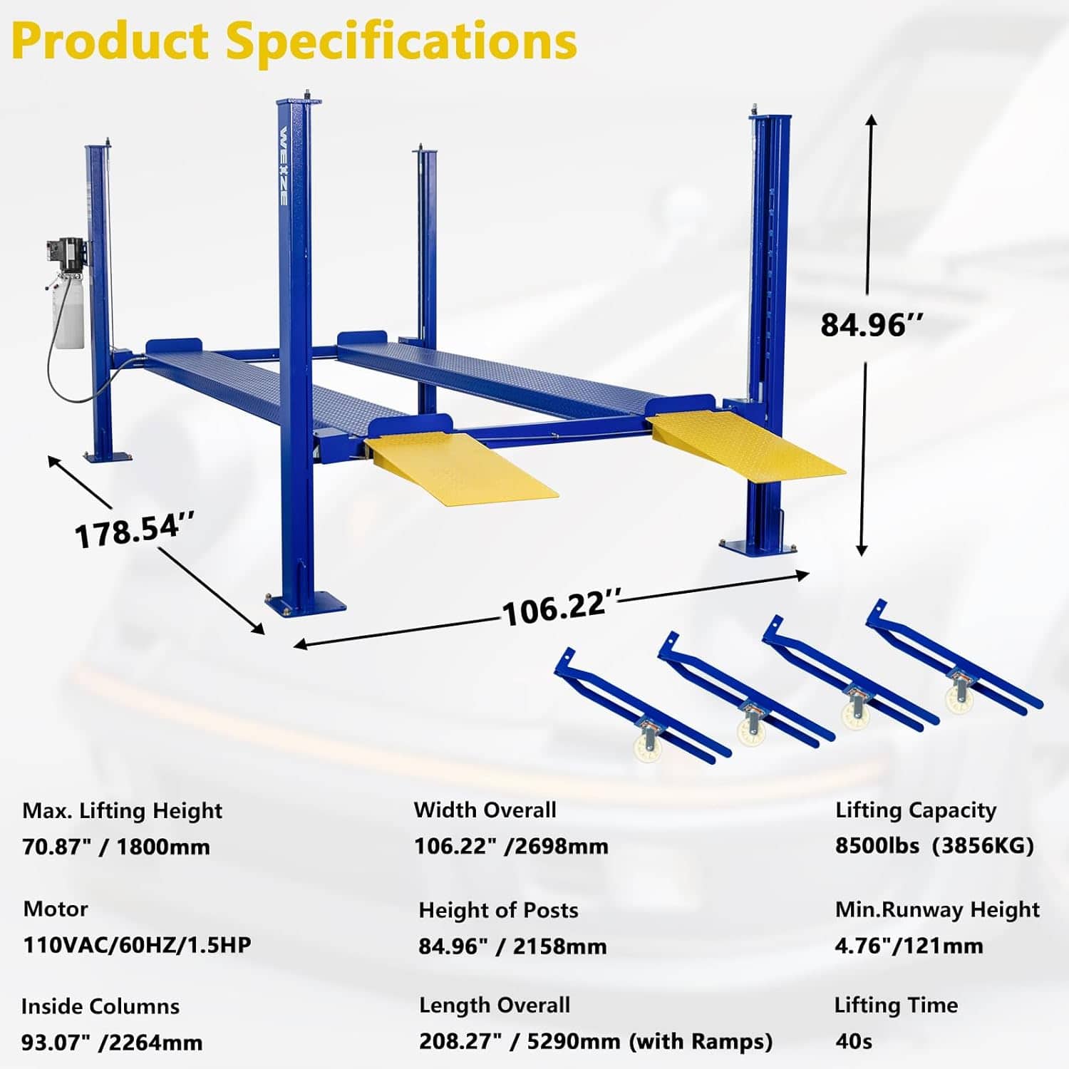 Weize 8500 lbs 4 Post Car Lift with Casters Kits Four Post Parking Lift 4-Post Portable Storage Service Home Parking Lift – image 3