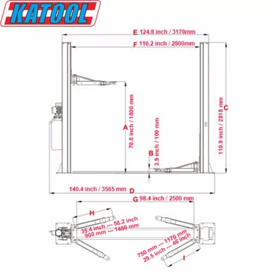 Katool KT-H105 10,000lbs 2-Post Vehicle Lift – Dual Safety Garage Hoist – image 6